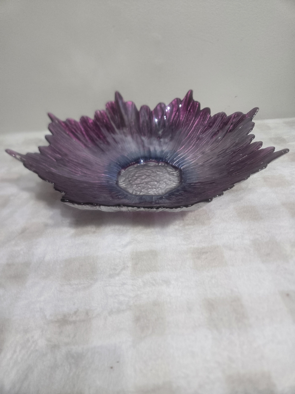 Purple Blue Silver Art Glass Decorative Bowl, Glossy Abstract 14 in
